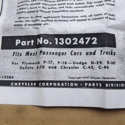 Fuel Tank Electric Locking Cap Pkg# 1302472 - Dodge - Plymouth - DeSoto - Chrysler - 1949 - NOS - SHIPS FREE TO LOWER 48 - Image 6